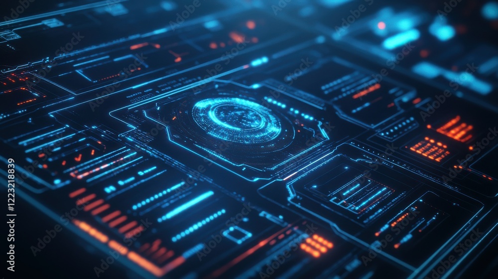 Futuristic digital interface with glowing blue and red elements Futuristic digital interface with glowing blue and red elements