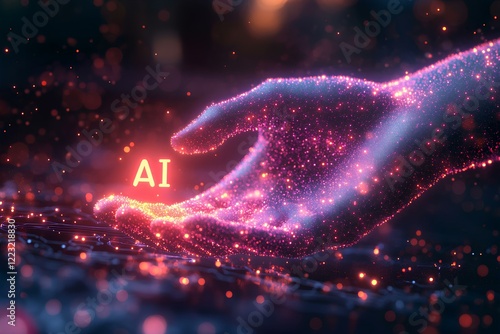 human hand holding a laser beam with the AI text sign on a purple background, a futuristic technology concept