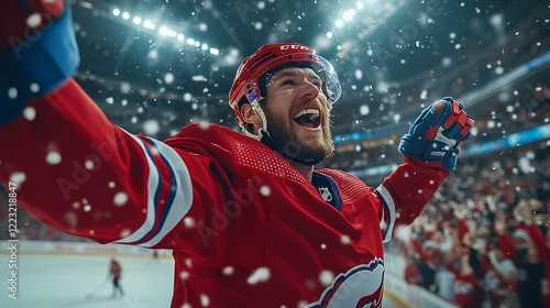 Obraz na płótnie ice hockey player scoring a goal in an electrifying match, the puck flying past the goalie, surrounded by excited fans waving banners w salonie