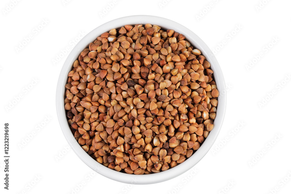 Raw buckwheat in ceramic bowl isolated on white background. Top view. Flat lay Raw buckwheat in ceramic bowl isolated on white background. Top view. Flat lay