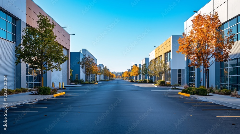 Serene Industrial Street with Modern Buildings and Autumn Foliage Serene Industrial Street with Modern Buildings and Autumn Foliage
