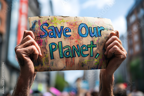 Klimaprotest – Hände halten ein buntes Schild mit der Aufschrift 'Save Our Planet photo