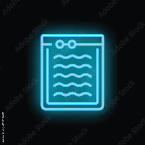 Bright blue neon icon of a document with text appearing on black background