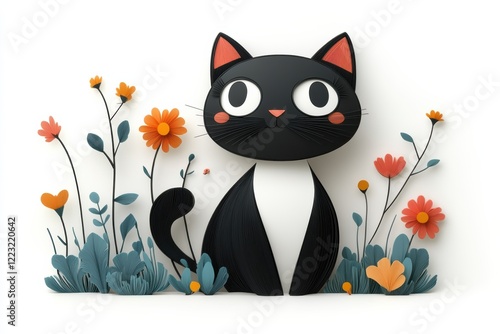 Playful Black and White Tuxedo Cat Surrounded by Colorful Flowers