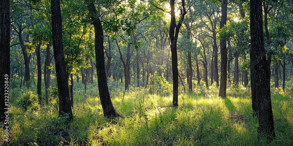A forested landscape bathed in the gentle light of a morning sunrise. A forested landscape bathed in the gentle light of a morning sunrise.