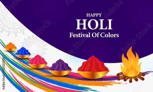 Happy Holi! Colorful tubs, vibrant splashes, fire, and festive illustrations for a joyful celebration.