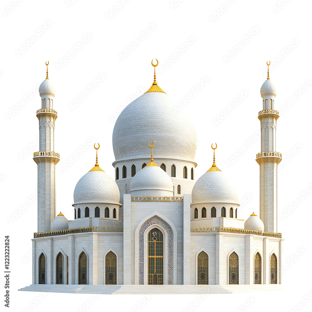 Fototapeta premium Magnificent Mosque: Architectural Marvel with Golden Domes and Elegant Minarets, Islamic Religious Structure