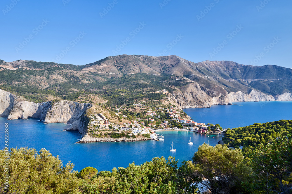Naklejka premium rocky peninsula with the city of Assos on the island of Kefalonia