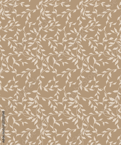 abstract seamless pattern with endless white branches with leaf's on  beige background. Vintage leaf seamless pattern. 
