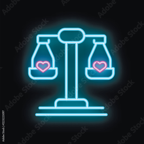 Glowing neon sign of a balance scale weighing two hearts, symbolizing equality and harmony in a romantic relationship