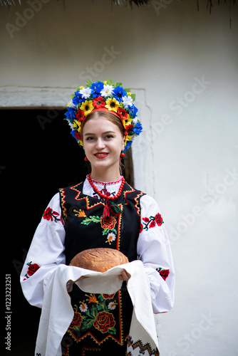 Portrait ukrainian woman. Woman in traditional costume with bread in hand. A young woman in a national Ukrainian costume. Embroidery. Ukrainian national clothing.
