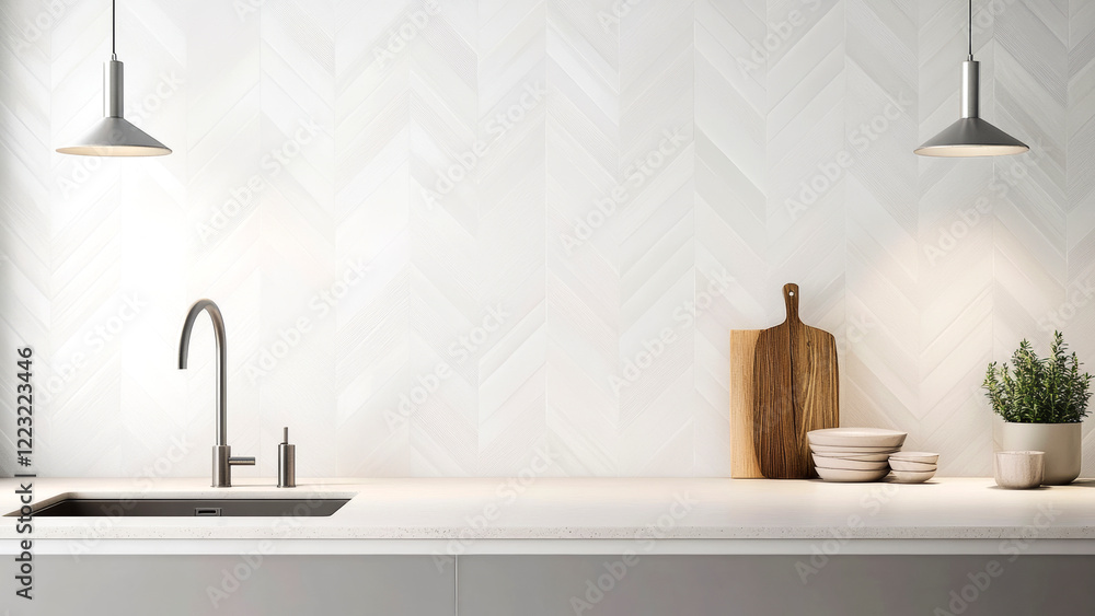 Modern minimalist kitchen showing white herringbone tile backsplash, stainless steel faucet and countertop on empty copy space wall Modern minimalist kitchen showing white herringbone tile backsplash, stainless steel faucet and countertop on empty copy space wall