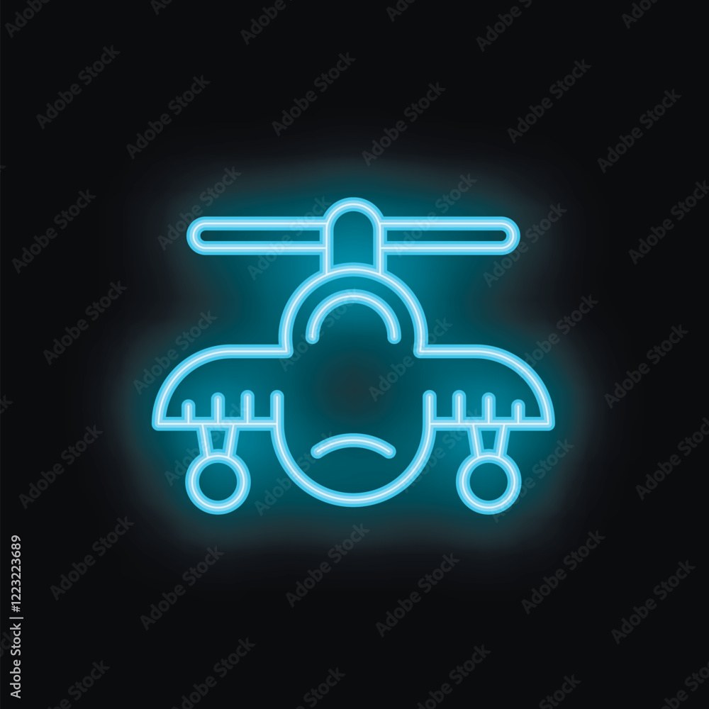 Blue neon icon of an airplane taking off on a black background Blue neon icon of an airplane taking off on a black background