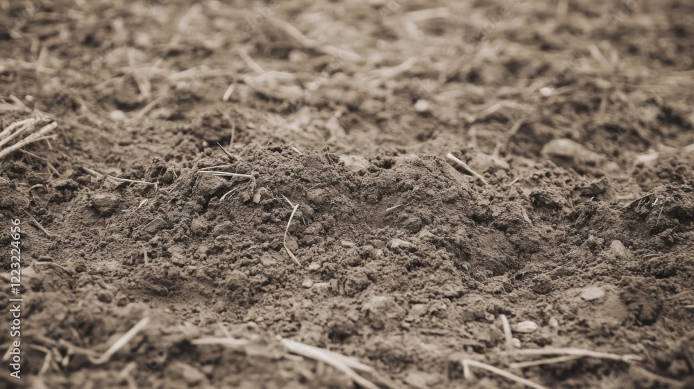 Close-up of dark brown soil texture with small stones and dry grass. Close-up of dark brown soil texture with small stones and dry grass.