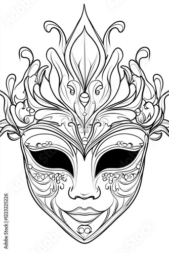 Monochrome purim mask featuring intricate floral patterns, symbolizing traditional jewish cultural celebration with ornamental elegance coloring page photo