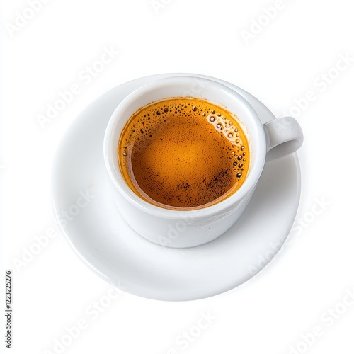 Espresso coffee cup, saucer, white background, caffeine drink
