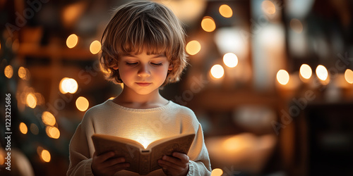 Young boy reading ancient megillah scroll, warm lighting highlighting traditional purim ritual celebration copy space photo