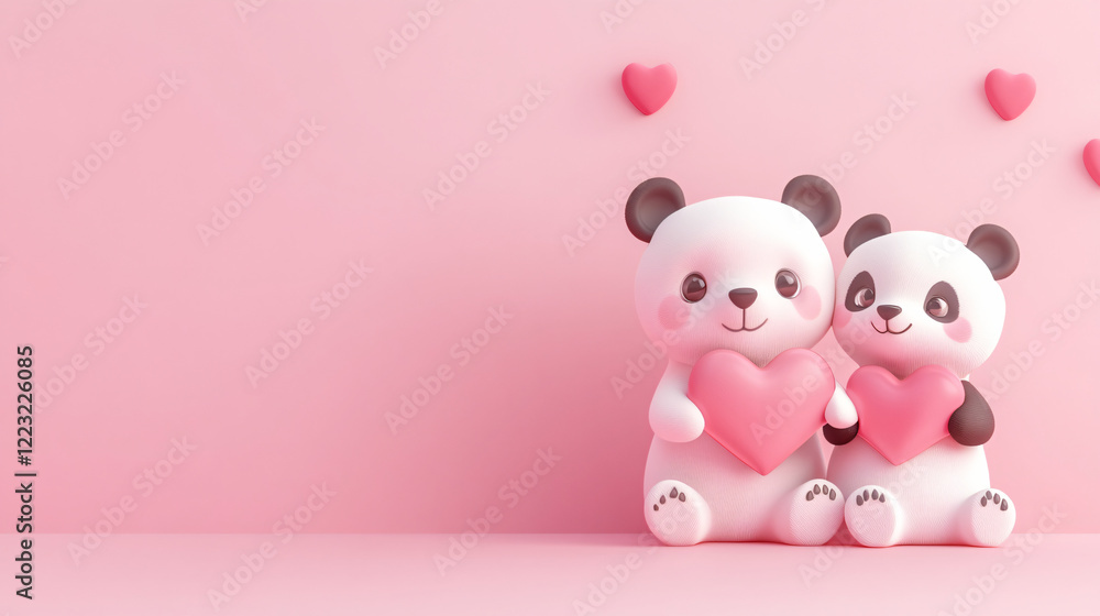 White bear and panda pair in a fantasy pink Valentine scene with hearts and love-filled decorations. White bear and panda pair in a fantasy pink Valentine scene with hearts and love-filled decorations.