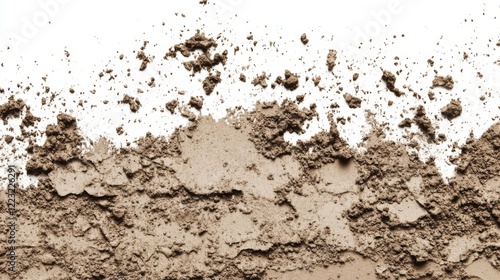 Close-up of scattered brown soil, dirt, and dust against a white background.