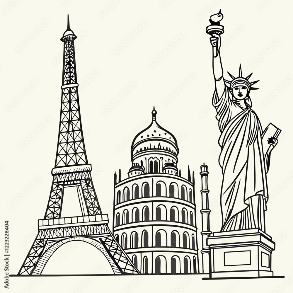 Obraz premium Architectural Landmarks in Fine Line Art