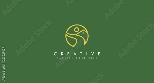 Winding road river with house, home logo design vector illustration.