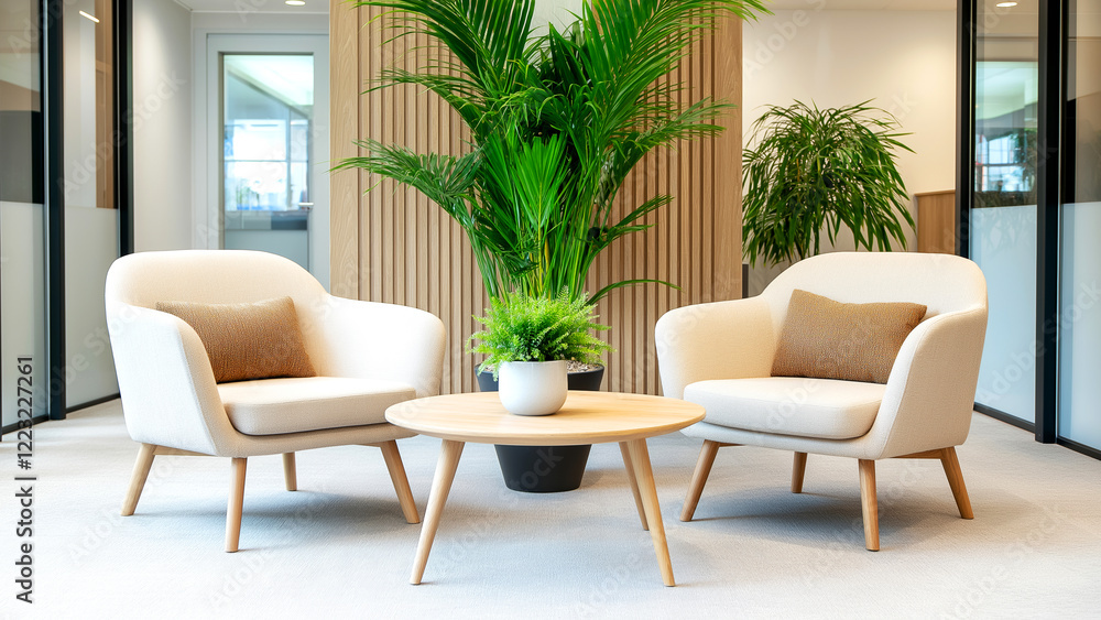 Fototapeta premium Modern office lobby interior design with comfortable seating and plants