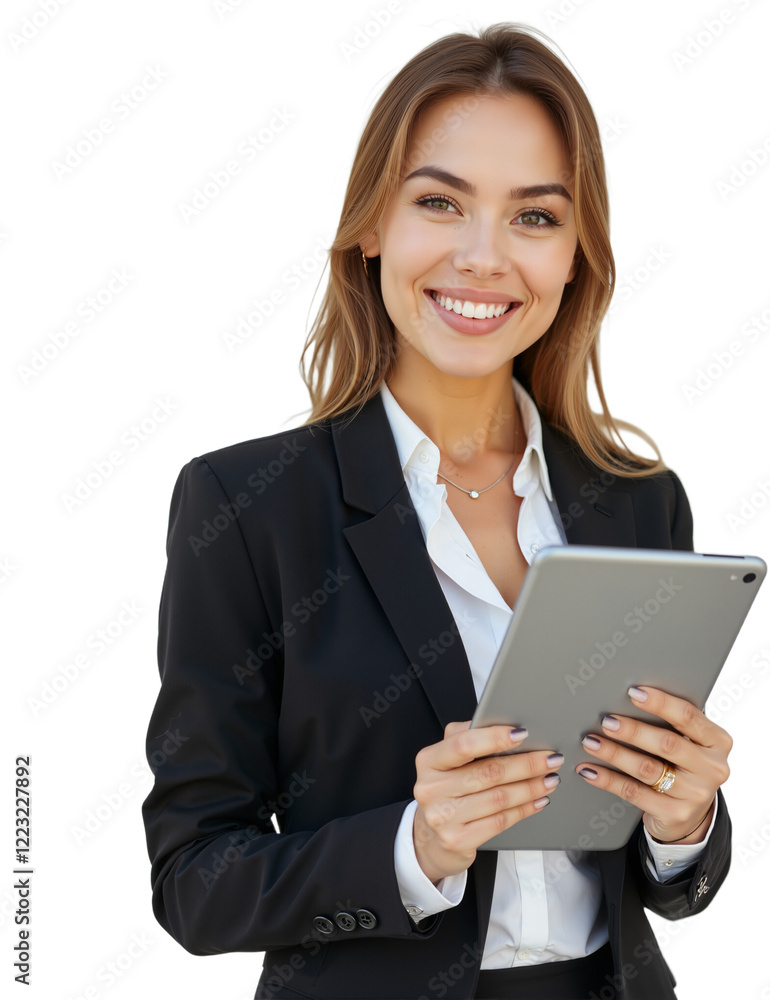 Confident Businesswoman Holding Tablet in Modern Corporate Attire on White Background Confident Businesswoman Holding Tablet in Modern Corporate Attire on White Background