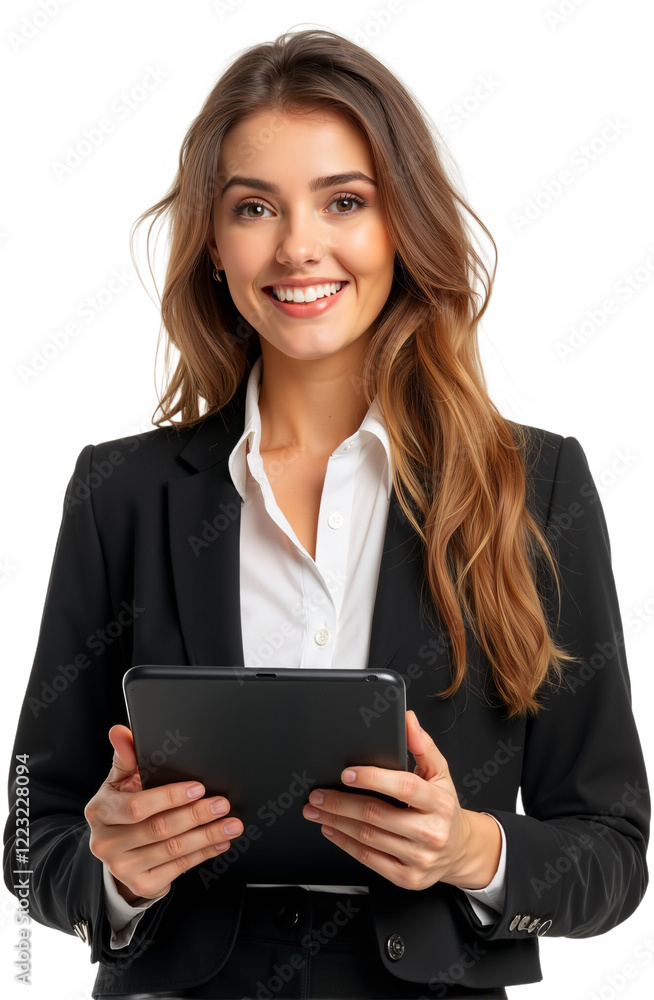 Confident Businesswoman Holding Tablet in Modern Corporate Attire on White Background Confident Businesswoman Holding Tablet in Modern Corporate Attire on White Background