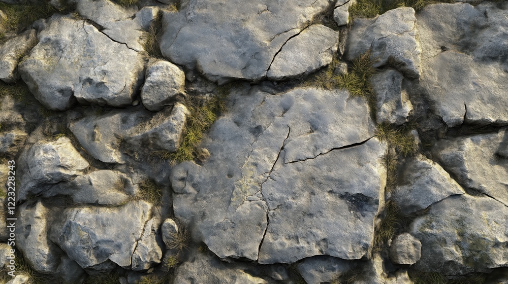 Weathered stone wall with natural cracks and patches of grass in sunlight Weathered stone wall with natural cracks and patches of grass in sunlight