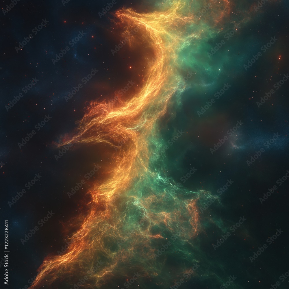 Obraz premium Seamless nebula texture with glowing green and orange gas for cosmic designs