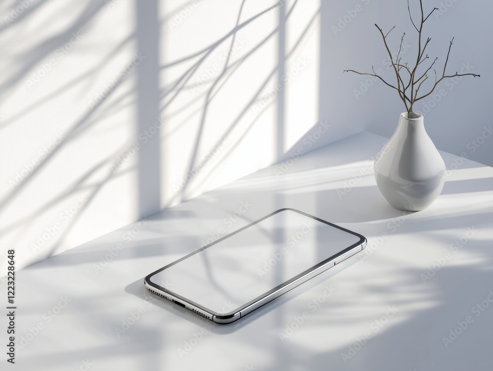 Obraz premium A white phone is on a table next to a vase. The vase is empty. The phone is turned off