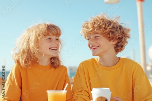 Two children in yellow sweaters joyfully sharing a moment at a seaside caf? with drinks