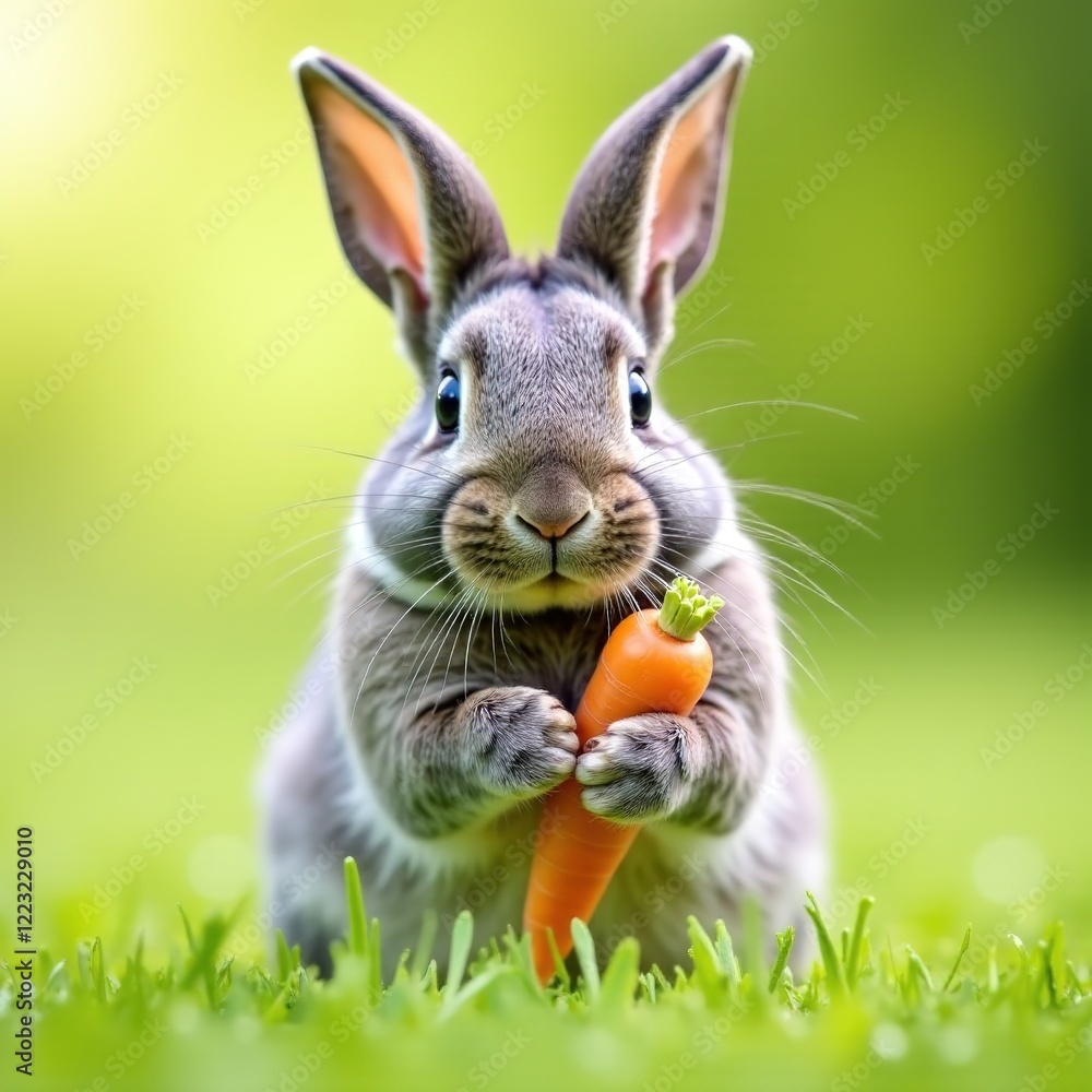 Fototapeta premium Gray Rabbit Holding Carrot - Photorealistic
