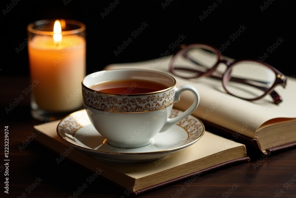 Golden Tea Cup on Open Book with Candle - AI Photo Golden Tea Cup on Open Book with Candle - AI Photo