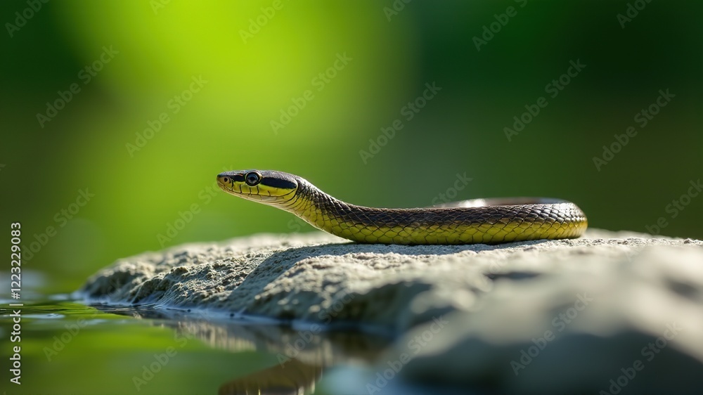 Grass Snake on Stone, Pond Shore, Nature Photography Grass Snake on Stone, Pond Shore, Nature Photography