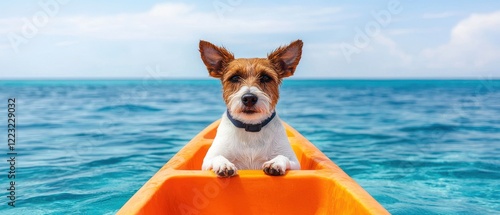 A playful dog sits confidently in an orange kayak on a vibrant blue ocean, enjoying a sunny day.