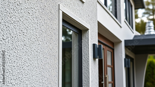 Modern House Exterior: Architectural Design and Facade Details. Contemporary Home with Grey and White Walls, Stone Texture, and Large Windows. Real Estate Photography