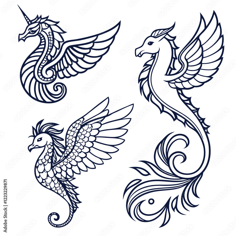 Fototapeta premium Fantasy Creatures in Ornate Line Art Style