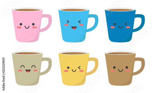 Set of coffee mugs in Kawaii style. Mugs in cartoon style. Vector illustration in a flat style. Isolated on a white background.