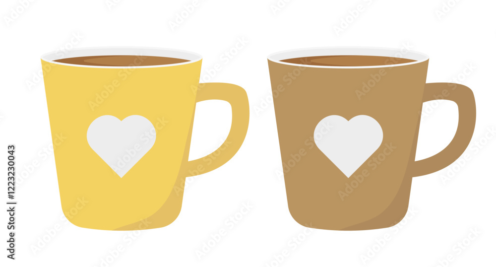 Obraz premium Paired mugs. Yellow and brown coffee mugs. Ceramic mugs with hearts. Isolated on white background. 
