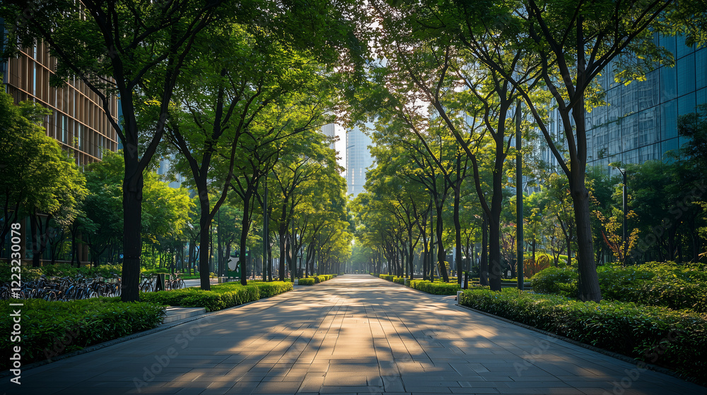 Lush Green Pathway Surrounded by Urban Trees and Sunlight Lush Green Pathway Surrounded by Urban Trees and Sunlight