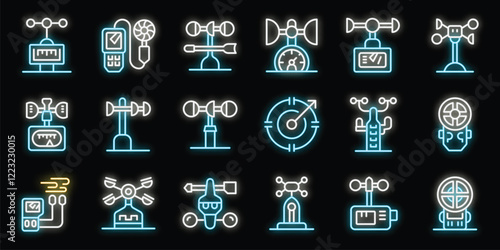Glowing neon icons representing diverse weather measurement tools