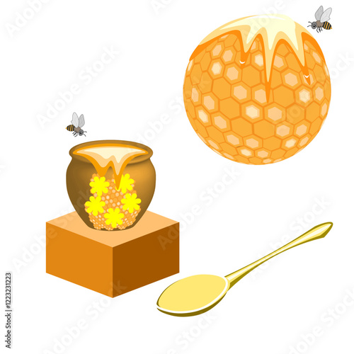 Honey pot, honey spoon, bees flying