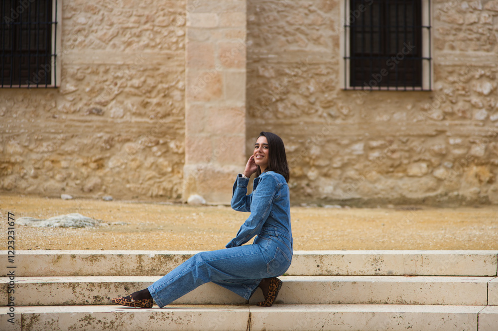 Pretty young Latin woman, brunette with short hair, dressed in a denim jumpsuit sitting on one leg on a staircase next to an old monastery in the province of Seville, Spain. Pretty young Latin woman, brunette with short hair, dressed in a denim jumpsuit sitting on one leg on a staircase next to an old monastery in the province of Seville, Spain.