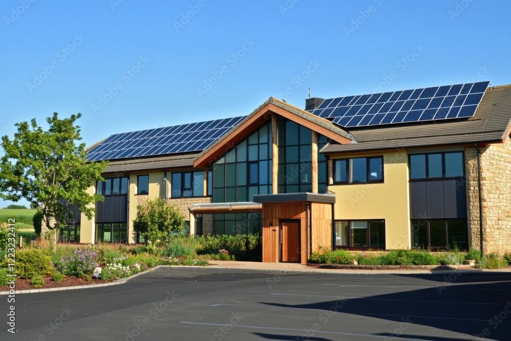 Modern eco-friendly building with solar panels set against a clear blue sky in a peaceful rural area showcasing sustainable design practices Modern eco-friendly building with solar panels set against a clear blue sky in a peaceful rural area showcasing sustainable design practices