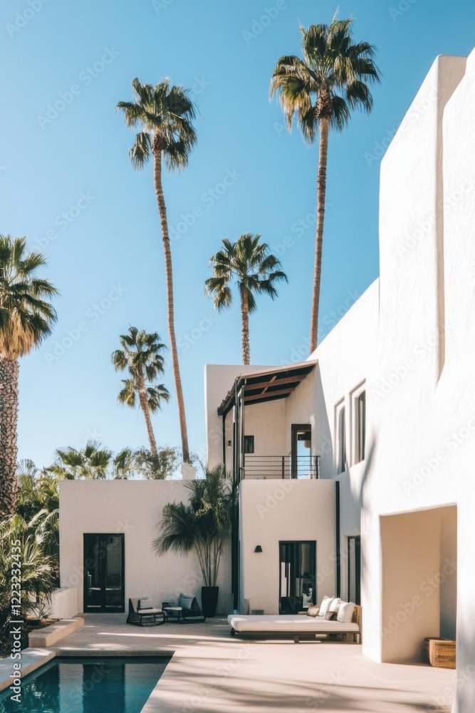 Modern private villa surrounded by palm trees with a serene pool in a sunny location ideal for relaxation and leisure activities Modern private villa surrounded by palm trees with a serene pool in a sunny location ideal for relaxation and leisure activities