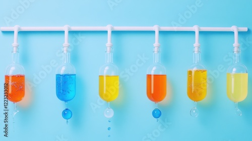 Colorful laboratory setup showcasing various liquids in glass containers against a blue backdrop photo