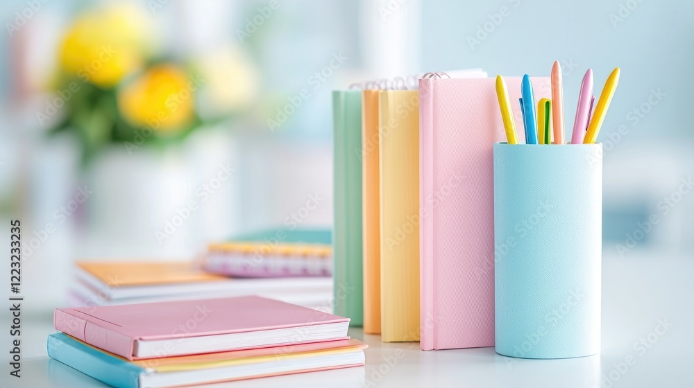 Pastel stationery on desk, books, pens, home office, study Pastel stationery on desk, books, pens, home office, study
