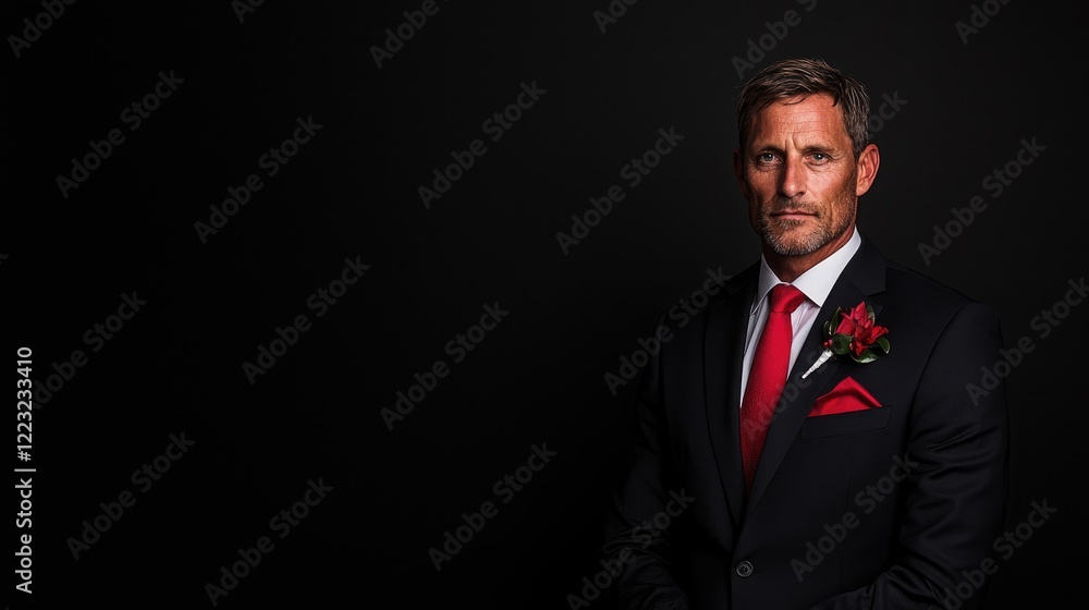 Mature man, red tie, suit, serious pose, dark background, portrait photography Mature man, red tie, suit, serious pose, dark background, portrait photography