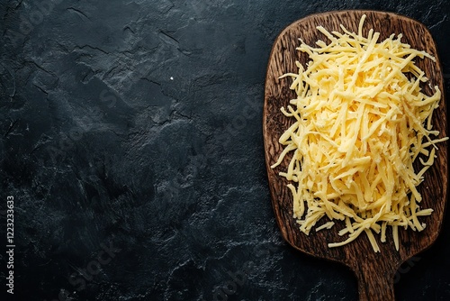 Pile of shredded cheese on a wooden board